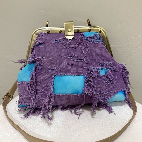 Unique Colorblock Cowhide Leather with Ripped Canvas, Metal Frame Bag, Crossbody - Picture 4 of 16